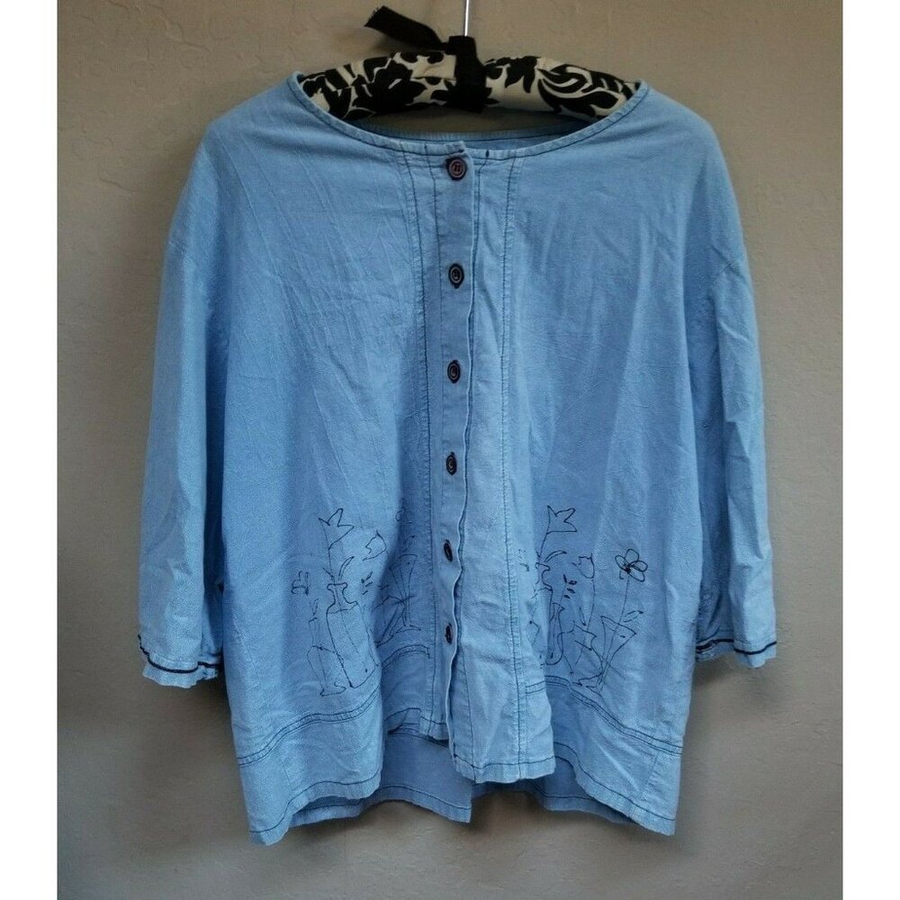 2PC Produce Company Button Front Shirt Large Cropped Pants XL Set Blue Pockets - Picture 1 of 12